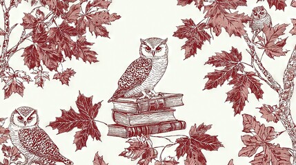   An owl perched atop a book tower atop a tree