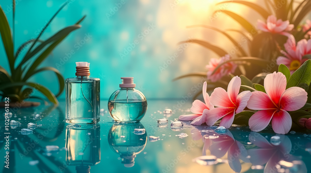 Poster two glass bottles filled with fragrant liquids are positioned beside colorful flowers, reflecting so