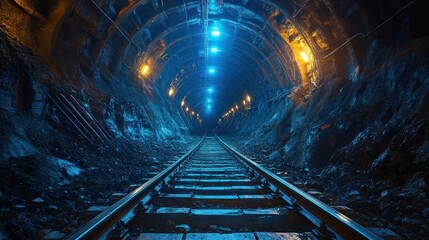 Obraz premium A view down the tracks of a dark, lit tunnel.
