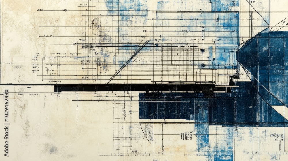 Poster closeup of a detailed architectural blueprint in black and white marked with measurements and design