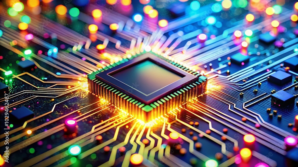 Poster microchip technology with bokeh effect - abstract circuitry and innovation