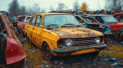 A rusty yellow car sits in a junkyard, surrounded by other abandoned vehicles.