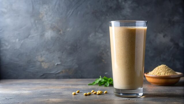 Organic sattu flour smoothie in tall glass with straw on white background