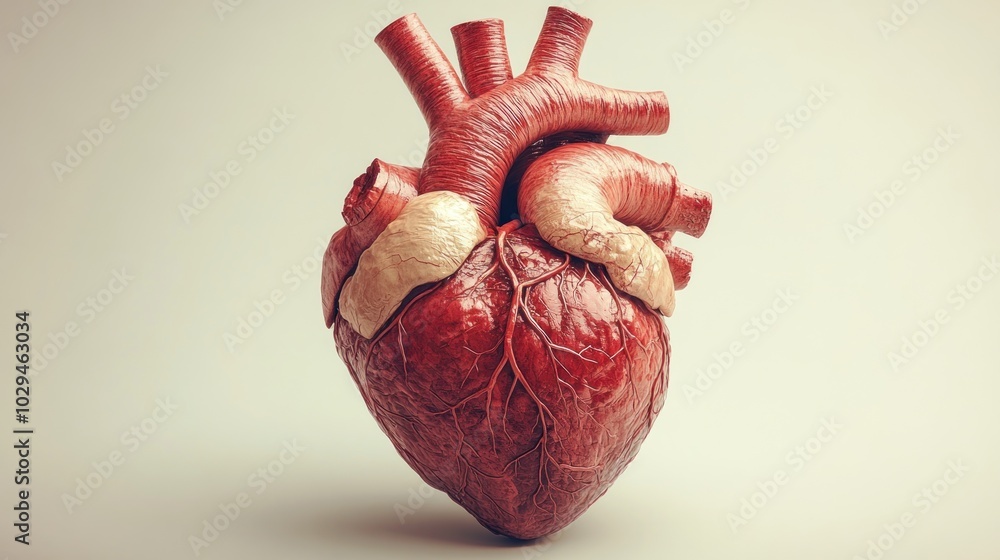 Poster a realistic anatomical heart model showcasing detailed structures and textures.