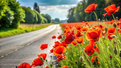 Red poppy flowers growing by road with long shot perspective