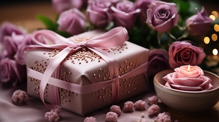 A tastefully wrapped Mother's Day present adorned with a satin ribbon and a tag for mom, surrounded by delicate flowers and petals with copy space.