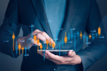 Success concept of planning and strategy on Stock market. Businessman or trader is showing virtual hologram stock, invest in trading.