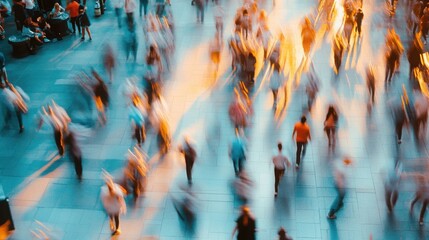 An aerial view of a busy city street with people rushing by in a blur of motion. The warm glow of the setting sun illuminates the scene.