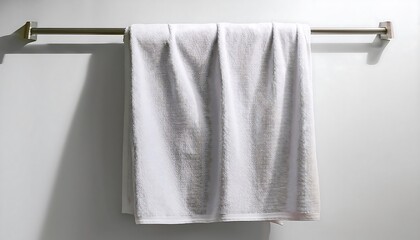 Vertical view of a white cotton towel hanging on a rack against a light gray wall in a contemporary bathroom. Generative AI