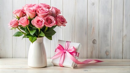 Pink roses in white vase with gift box