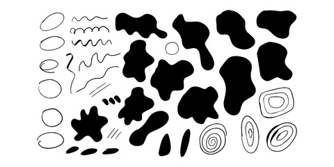 Set of trendy doodle and abstract random icons on isolated background. Big element collection, unusual organic shapes in freehand style.