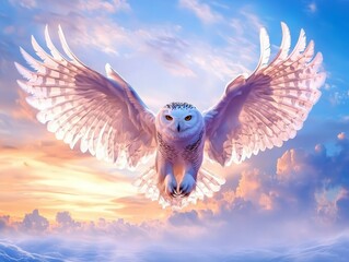 Snowy Owl in Flight with Wings Fully Extended