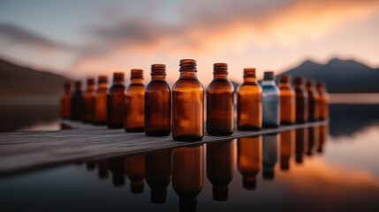 An appealing collection of amber-colored glass bottles by the water, illuminated by soft evening light, creating a calm and picturesque waterfront setting.