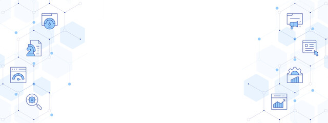 Obraz premium Seo Banner Vector Illustration with Two-sided Icon Style. Line Duotone icon. Containing content strategy, web traffic, graph, internet, browser, magnifying glass