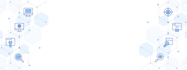 Obraz premium Seo Banner Vector Illustration with Two-sided Icon Style. Line Duotone icon. Containing search, target, optimization, monitor, maintenance, insight, browser, programming