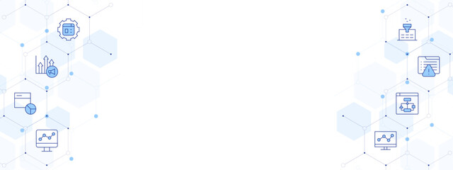 Seo Banner Vector Illustration with Two-sided Icon Style. Line Duotone icon. Containing sitemap, web analytics, web management, warning, line graph, filter, analytics, chart