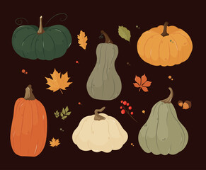Set of cartoon icons with autumn leaves, berries and pumpkins.On a dark brown background. EPS 10