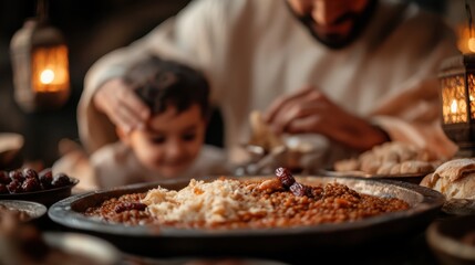A heartwarming image captures a father and child sharing a meal together, enveloped in a cozy and intimate setting, with soft candlelight enhancing the warmth.