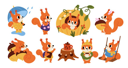 Obraz premium Cartoon squirrels. Cute furry animals. Red forest dwellers climbing trees. Wildlife characters drink hot tea. Different poses. Autumn season. Mammal with rain umbrella. Garish vector set