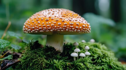 A close view of a vibrant orange-capped Amanita mushroom surrounded by delicate fungi and deep green moss, illustrating the vividness of forest biodiversity.