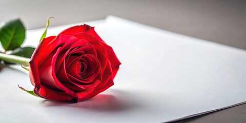 red rose, white paper, black stem, wide-angle image