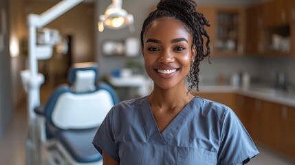 Obraz premium Friendly dental professional smiling in a modern clinic with equipment and a treatment chair visible in the background