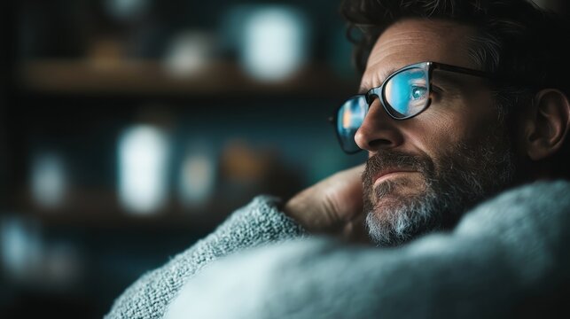 A man wearing glasses looks contemplative and introspective. He is seated indoors, wrapped in a sweater, conveying a sense of introspection and reflection.