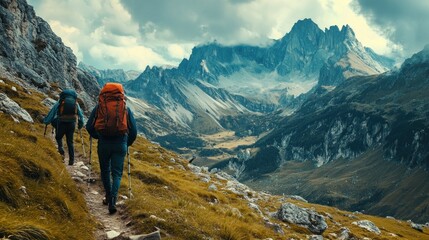 Naklejka premium Two hikers ascend a mountain path with towering peaks in the background.