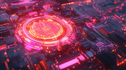 Futuristic Circuit Board with Pink and Orange Encryption Icon, Radiating Light