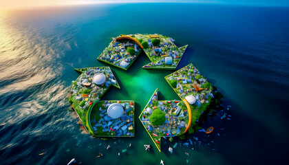 Fototapeta premium Environment and ocean protection concept, island surrounded by ocean completely covered with plastic waste with recycling symbol