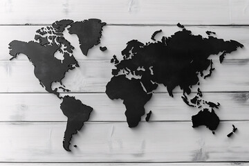 A black 3D world map mounted on wooden planks creating a rustic yet modern look with clean, defined shapes and sharp contrast  
