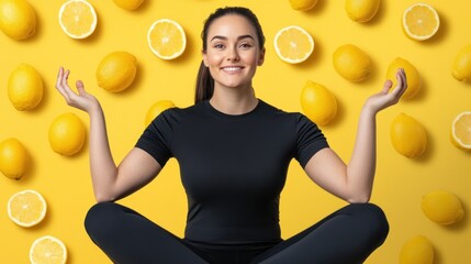 A woman smiles confidently while sitting cross-legged, with lemons arranged around her on a bright yellow background, symbolizing freshness and wellness