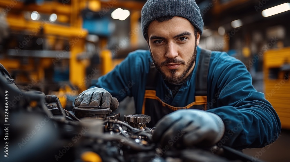 Poster mechanic working on the engine of a car in a garage, highlighting the technical skills and hands-on 