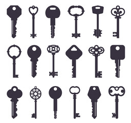 Black keys silhouettes. Old and modern door opening elements. House safety. Different carvings types. Lock passkeys. Opener symbols. Carved and simple shapes. Vector latchkey icons set