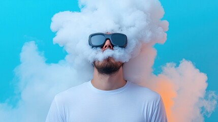 A person stands with oversized sunglasses as colorful smoke envelops their head, creating a surreal visual against a striking blue backdrop, showcasing creativity and imagination