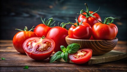 Still life of a halved tomato and whole tomatoes on a table