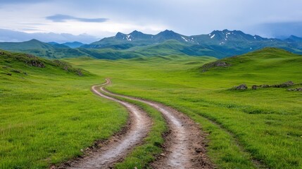 Obraz premium A dirt path winds through vibrant green fields, leading towards distant mountains under an overcast sky. The scene captures the beauty of nature in a serene landscape during early morning