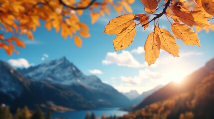 Vibrant autumn leaves glow against a stunning backdrop of snow-capped mountains, with a tranquil lake reflecting the warm hues of the sunset, creating a serene atmosphere