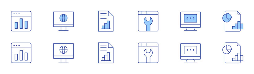 Seo icon set in two styles, Duotone and Thin Line style. Editable stroke. bar chart, wrench, monitor, programming, analytics