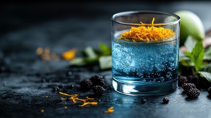 A refreshing blue cocktail with yellow zest sits elegantly in a glass, surrounded by berries, with a dark, dramatic backdrop emphasizing its vibrant colors.
