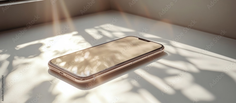 Poster a phone resting on a surface, illuminated by sunlight and surrounded by shadow patterns.