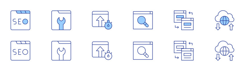 Seo icon set in two styles, Duotone and Thin Line style. Editable stroke. seo, online service, optimization, redirect, cloud