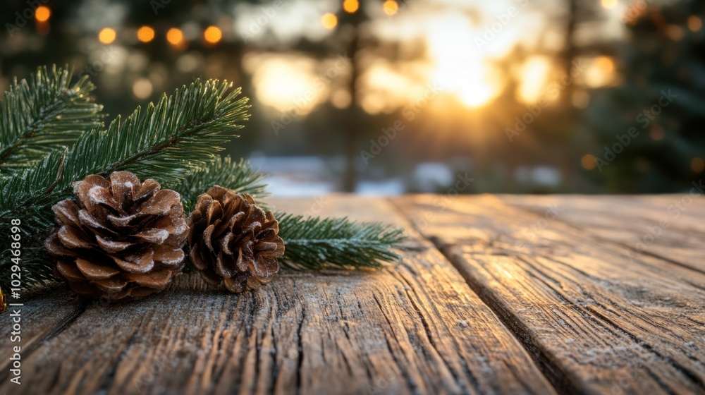 Poster pinecones and evergreen branches rest on a rustic wooden table, illuminated by the warm glow of the 