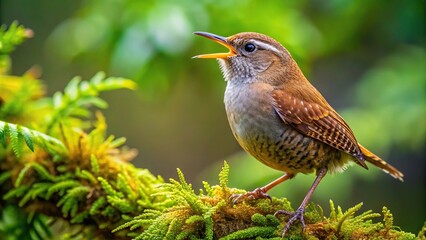 Pacific wren singing in forest understory in Oregon