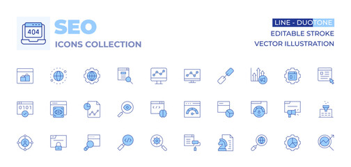 Seo icons collection. Line Duotone style, editable stroke. coding, search, target, theme, view, report, internet, insight, magnifying glass, browser, encryption