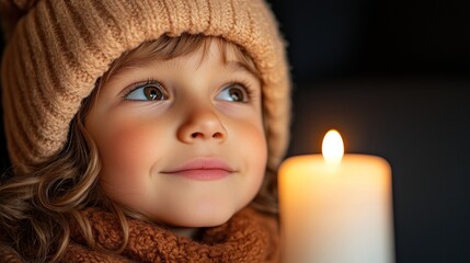 A young child wearing a knitted hat and scarf looks up with an inviting smile as they admire the flickering light of a candle, creating a cozy winter atmosphere indoors