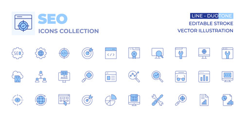 Seo icons collection. Line Duotone style, editable stroke. save file, target, technical support, website, encryption, seo, people, optimization, goal, global, pie chart, eye, analytics, click