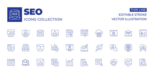 Seo icons collection. Thin Line icons, editable stroke. 406, adware, backlink, bar chart, browser, caution, chart, analytics, ai, analysis, analytic, blogging, cloud