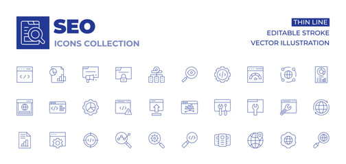 Seo icons collection. Thin Line icons, editable stroke. geolocation, interfaces, maintenance, analytics, coding, insert, magnifying glass, web traffic, browser, code