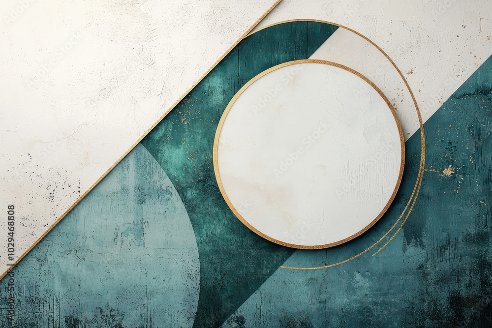 Poster abstract geometric composition featuring circles and triangles with gold accents on a textured backg